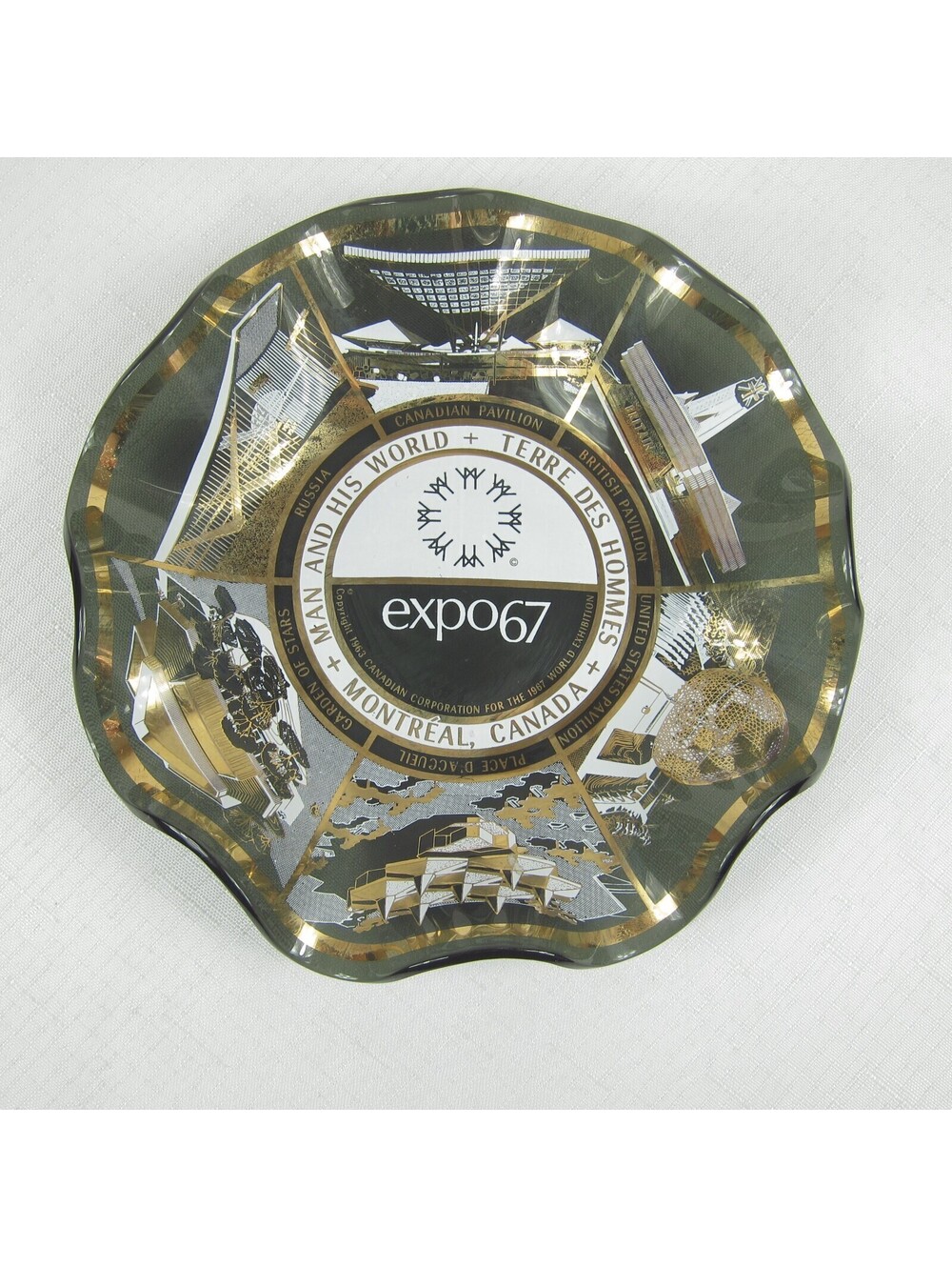 Vintage 1967 Montreal Canada Worlds Fair Expo 67 Souvenir Bowl Smoked Glass Gold